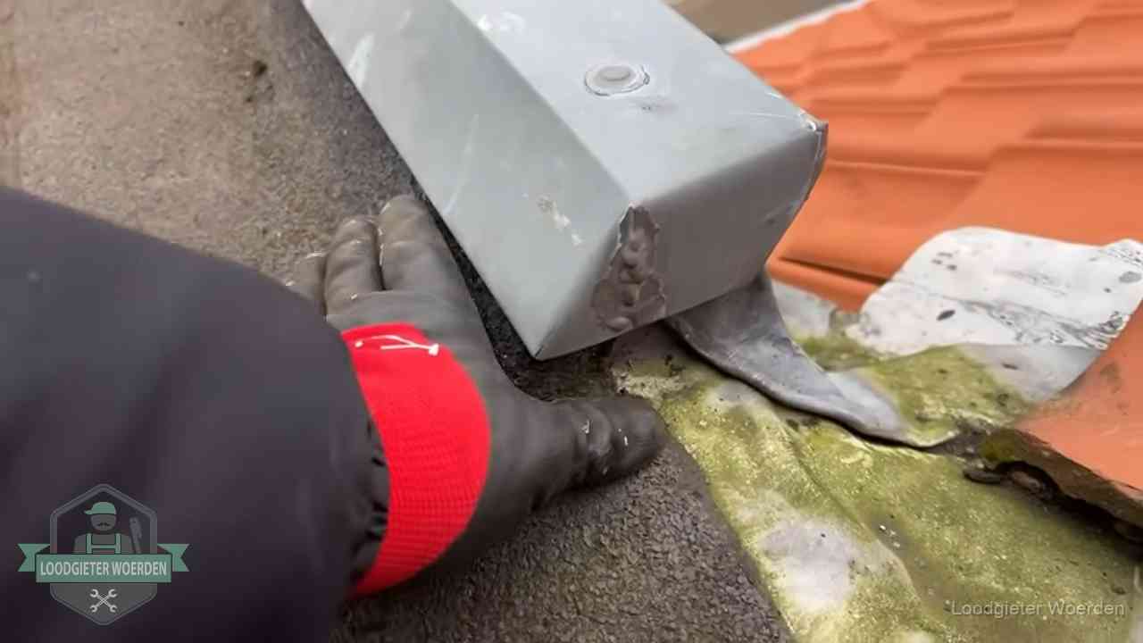 Controle van een zinken hemelwaterafvoer met loodslab bij dakpannen in Woerden