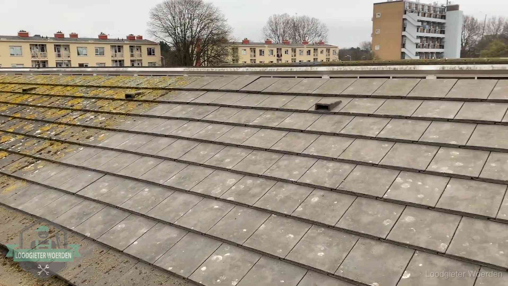 Schuin dak met betonpannen vol mos in Woerden, een risico op lekkage bij de pannen